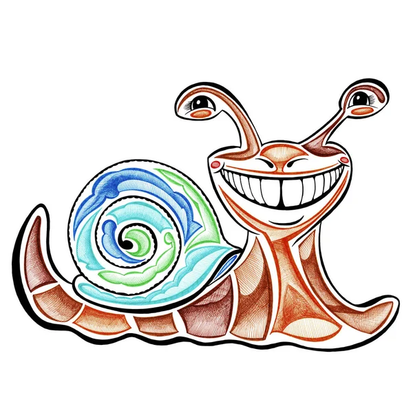 Garden snail smiles hand drawn with color markers cartoon style sketch on a white background.