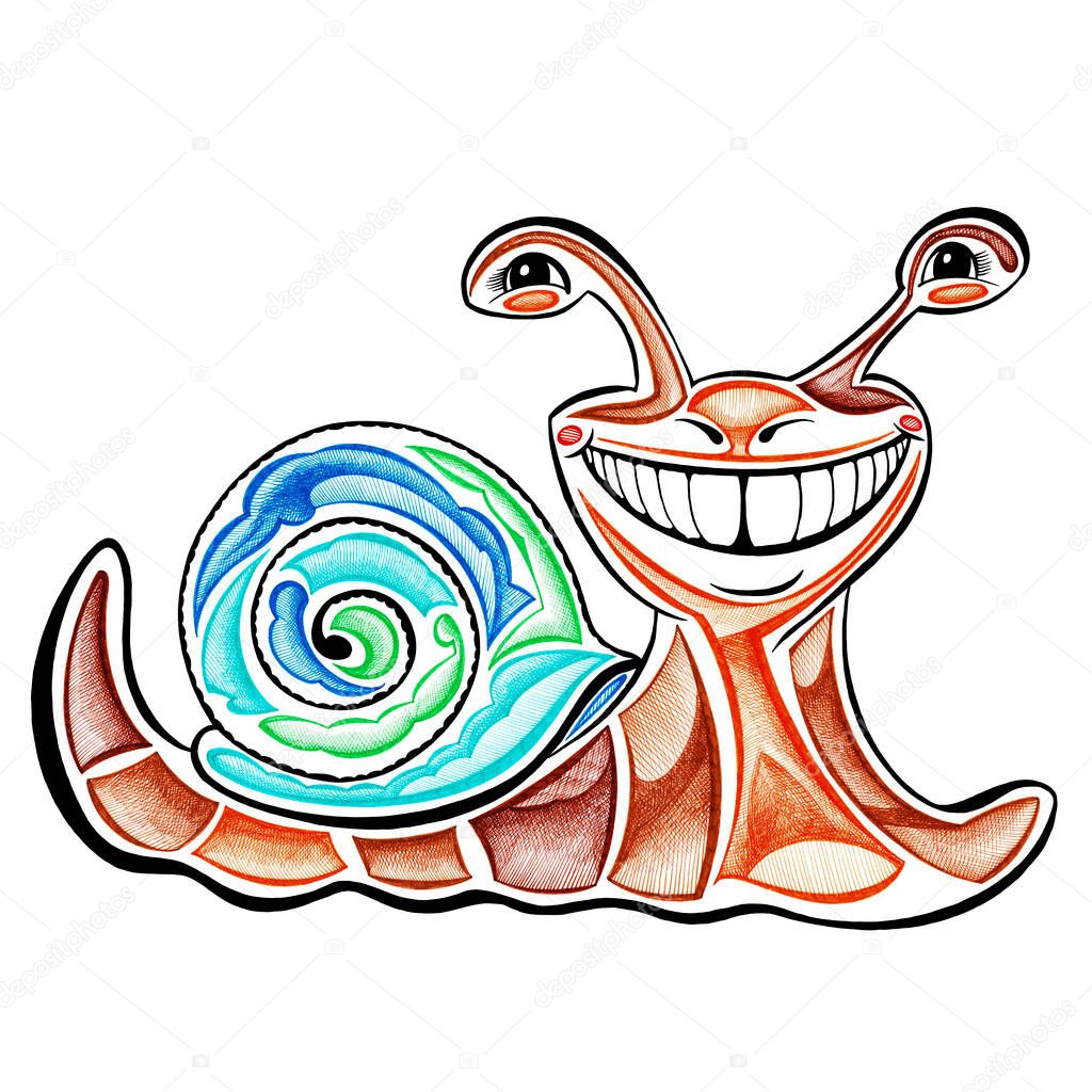 Garden snail smiles hand drawn with color markers cartoon style sketch on a white background.