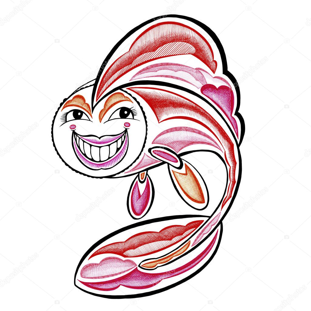 Fairy tale fish smiles hand drawn with color markers sketch on a white background.