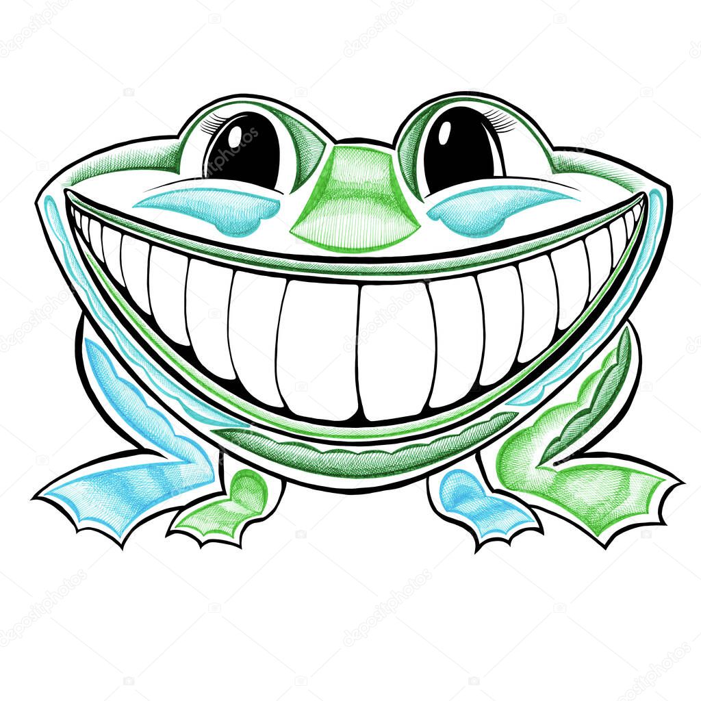 Frog smiles hand drawn with color markers caricature style sketch isolated on a white background.