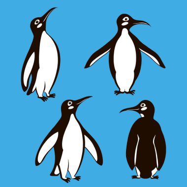 Penguenlerin çizgi film stili. Katmanlı ve mavi arkaplanda izole edilmiş kullanıcı dostu vektör dosyasında el çizimi çizimleri işlendi. 