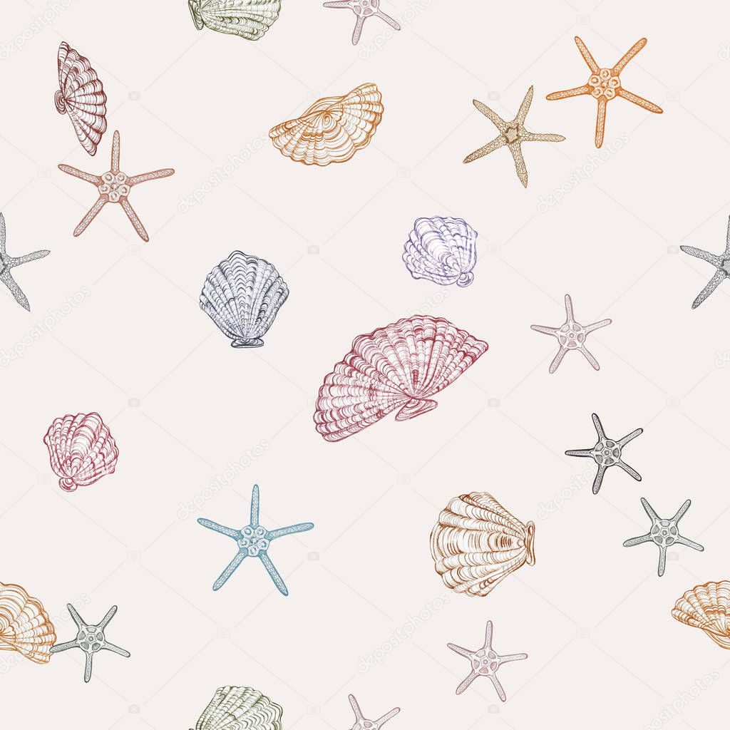 Eggshell color background with seashells and sea stars seamless pattern.