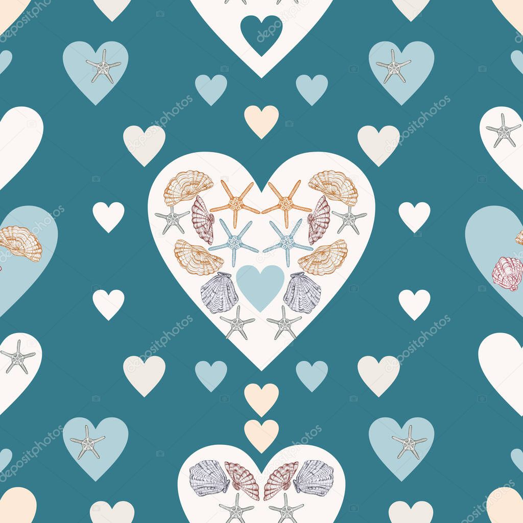 Romantic seamless pattern big hearts and hand drawn marine items on a green background.