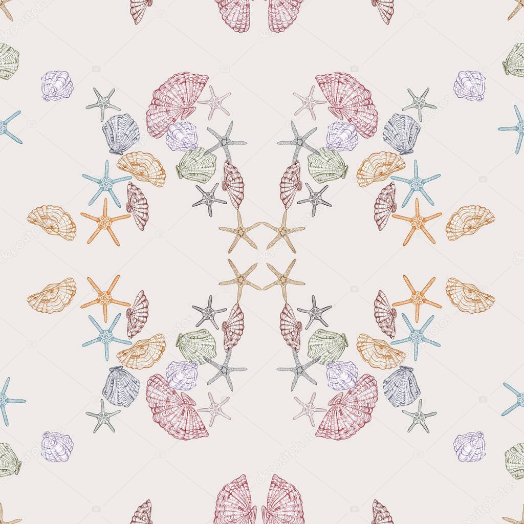 Marine beach seamless pattern with seashells and sea stars on eggshell color background.