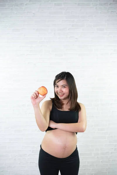 Pregnant Woman White Dress Holding Red Apple — Stock Photo, Image