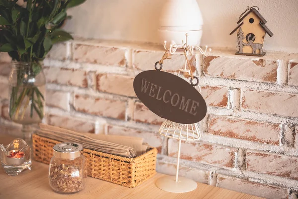 Welcome Label Wood Table — Stock Photo, Image