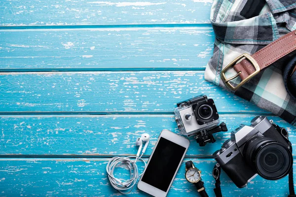 Draufsicht Auf Reiseaccessoires Flache Laien Fotografie Des Reisekonzepts Auf Blauem — Stockfoto