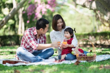 Parktaki piknik sırasında çimenlerde oturan mutlu aile, aile kavramı.