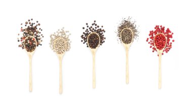 Kaşık biber taneleri beyaz arka plan üzerinde izole farklı tür kümesi