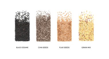 Set of various grains made of chia, flax, black sesame seeds and grain mix isolated on white background. Flat lay. Top view clipart