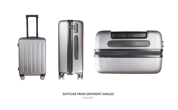 Valise Grise Avec Différents Angles Isolés Sur Fond Blanc — Photo