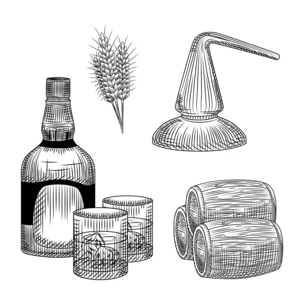 Set Von Whiskey Produktionsprozess Handgezeichnetem Stil Eine Flasche Whisky Glas — Stockvektor