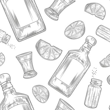 Tekila pürüzsüz desen. Shot bardağı ve şişe tekila, tuz, limon. Eski usul oymacılık. Vektör illüstrasyonu.