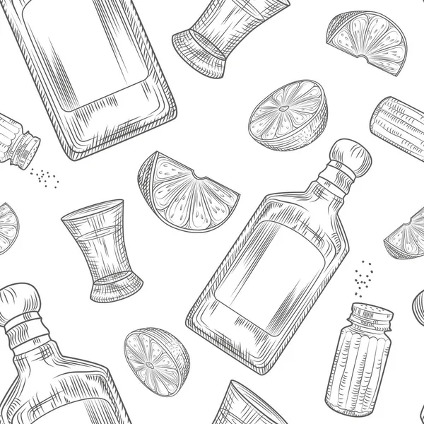 Tekila pürüzsüz desen. Shot bardağı ve şişe tekila, tuz, limon. Eski usul oymacılık. Vektör illüstrasyonu.