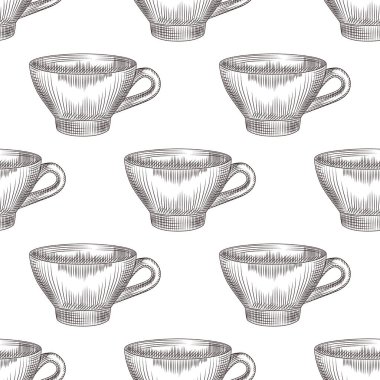 Beyaz arka planda, el yapımı çay fincanı kusursuz desen. Eski usul oymacılık. Vektör illüstrasyonu