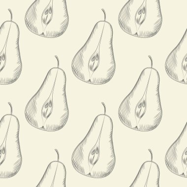 Elle çizilmiş armut dilimsiz desen. Armut meyveli duvar kağıdı. Eski usul oymacılık. Ambalaj kağıdı ve tekstil baskısı için tasarlanmış. Vektör illüstrasyonu