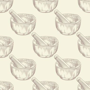 Havan ve tokmak dikişsiz desen. Öğütücü baharatlar ve katı gıda malzemeleri duvar kağıdı. Eski usul oymacılık. Vektör illüstrasyonu.