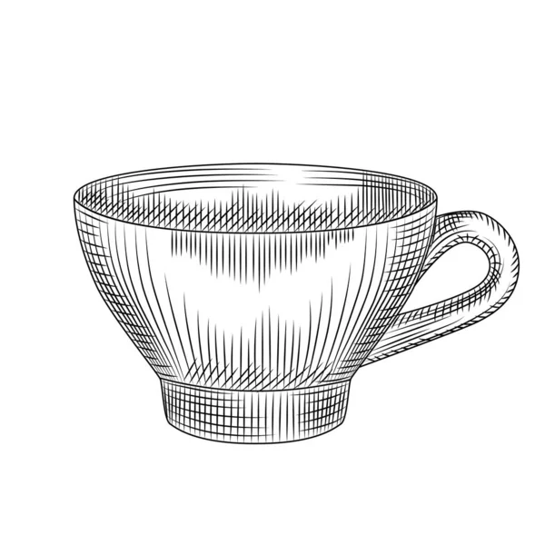 白い背景に孤立したお茶の手描きカップ ヴィンテージスタイルを彫る ベクターイラスト — ストックベクタ