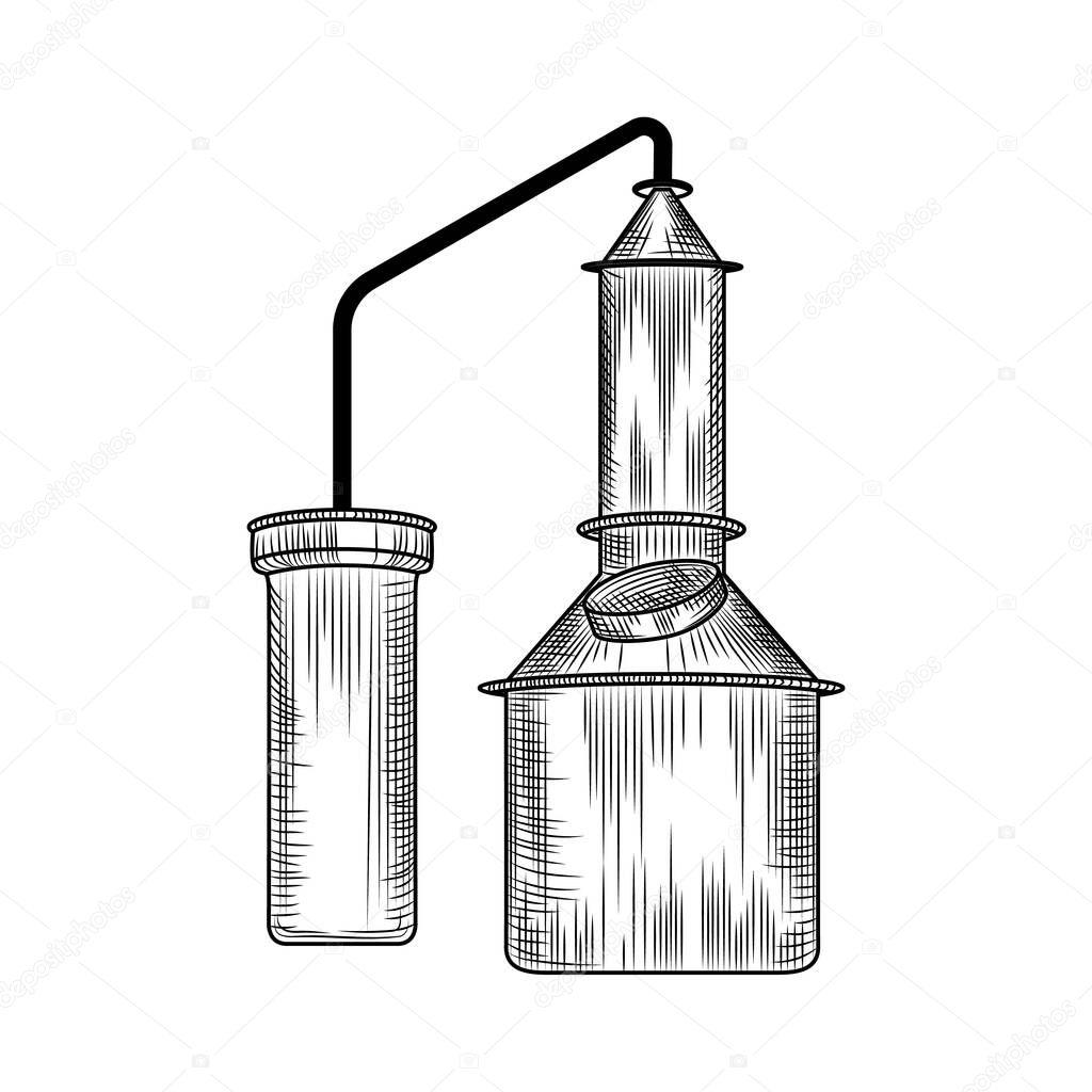 Alembic vintage engraved style. Copper cube isolated on white background. Hand drawn distillation of alcohol vector illustration