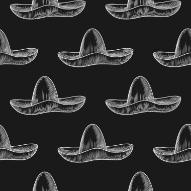 Elle çizilmiş sombrero şapkası karatahtaya kusursuz desen. Klasik oyma stil. Vektör illüstrasyonu