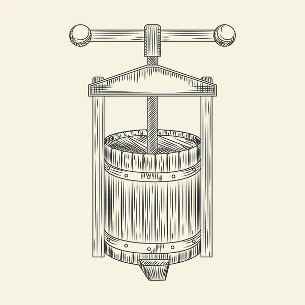 Houten Wijnpers Druivenpersschets Cider Maken Vintage Gegraveerde Stijl Vectorillustratie — Stockvector