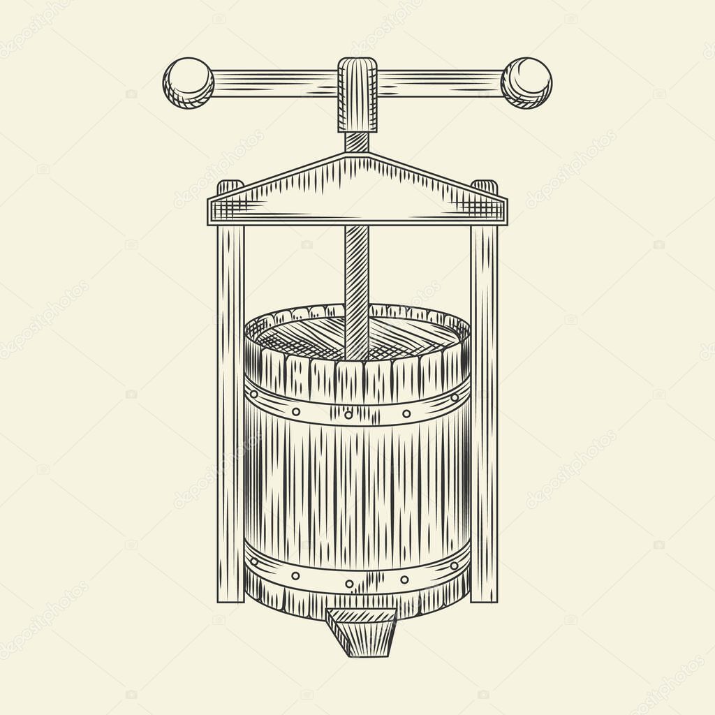 Wooden wine press. Grape press sketch. Cider making vintage engraved style. Vector illustration.