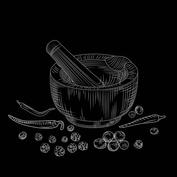 ブラックボード上のモルタルや杵の概念 ペッパーセット スパイスや食品成分を粉砕 ヴィンテージエングレービングスタイル ベクターイラスト — ストックベクタ