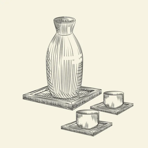 Встановлено Японський Саунд Чаша Ізольовані Білому Тлі Керамічна Пляшкова Ручна — стоковий вектор