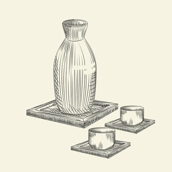 Japon sake ve bardağını beyaz arka planda izole et. Seramik şişe sakesi çizimi. Geleneksel Asya pirinç alkolü. Eski usul oymacılık. Vektör illüstrasyonu.