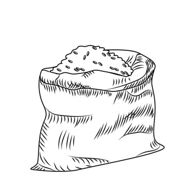 Pirinç torbası. Beyaz arka planda el yapımı mısır gevreği ya da un var. İşleme stili. Vektör illüstrasyonu.