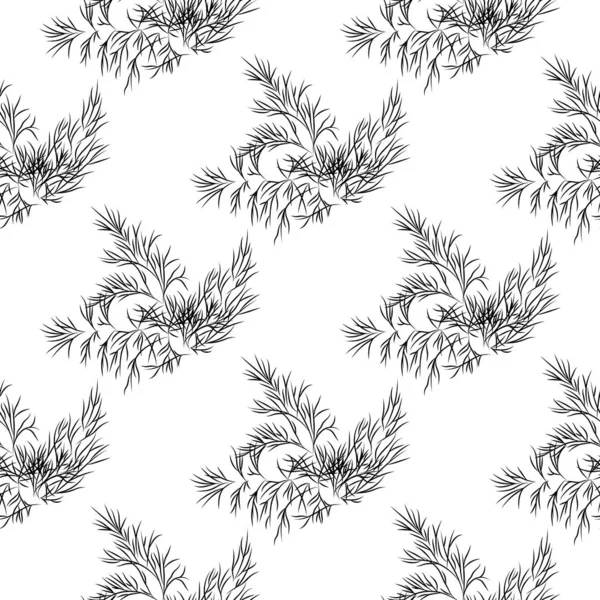 Croquis Encre Branche Herbe Pluviale Motif Sans Couture Monochrome Ingrédients — Image vectorielle