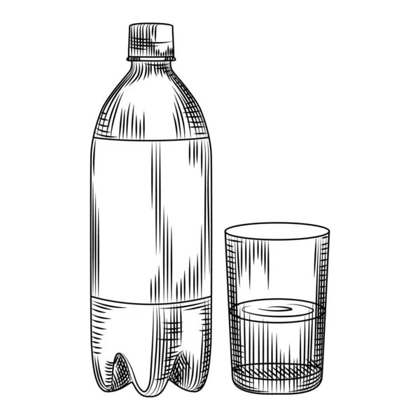 Botella Plástico Dibujada Mano Aislada Sobre Fondo Blanco Grabado Estilo — Vector de stock