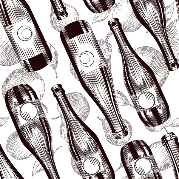 Fruit Beer Bottles Seamless Pattern Cider Alcohol Wallpaper Restaurant Bar — Stock Vector