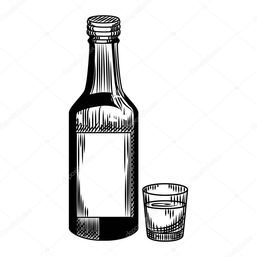 Soju bottle and shot isolated on white background. Glass vodka bottle in vintage engraved style. Vector illustration