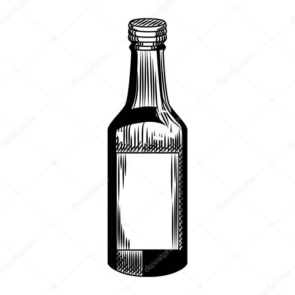 Soju bottle isolated on white background. Glass vodka bottle in vintage engraved style. Vector illustration