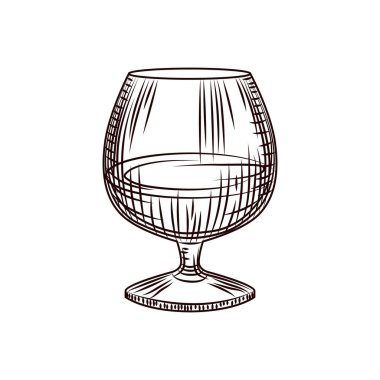 Beyaz zemin üzerinde izole edilmiş bir bardak konyak ya da konyak. Elle çizilmiş bardaklar. İşleme stili. Menü, kartlar, posterler, baskılar, ambalajlar için. Vektör illüstrasyonu