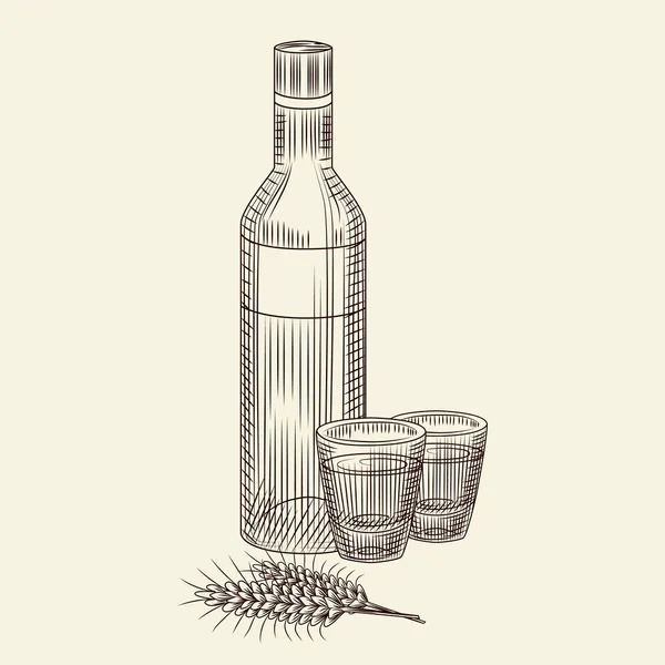 一瓶伏特加酒和两杯满满一杯 手绘酒精玻璃瓶草图隔离在浅色背景下 雕刻风格矢量插图 酒吧菜单 印刷品 — 图库矢量图片