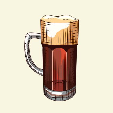 Hafif arka planda köpük izole edilmiş tam bira bardağı. Elle çizilmiş koyu bira bardağı. İşleme stili. Bar menüsü, kartlar, posterler, baskılar, ambalajlar için. Vektör vintage çizimi