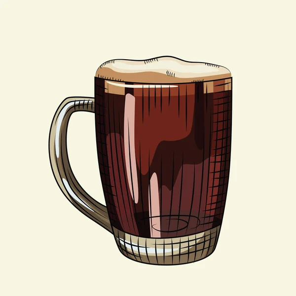 Hand drawn style glass of dark beer. Full beer mug with foam isolated on light background. For pub menu, cards, posters, prints, packaging. Engraving style. Vector vintage illustration