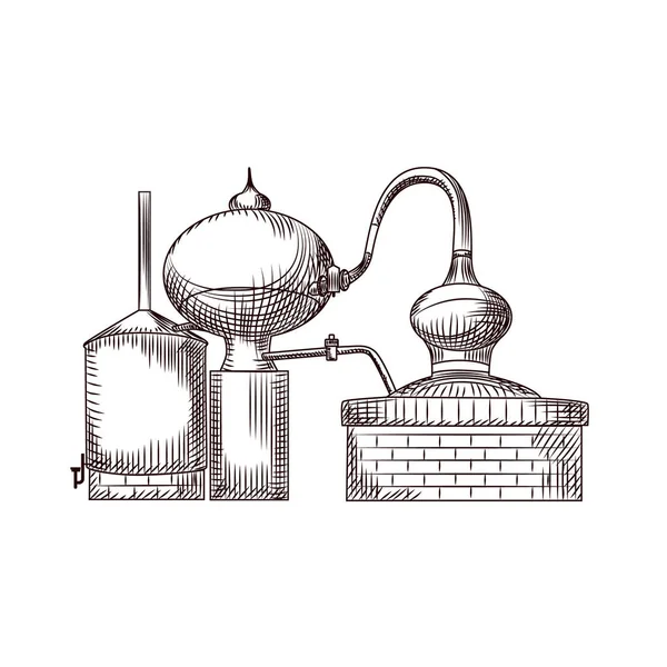 El yapımı bakır küp beyaz arka planda izole edilmiş. Alembic vintage oyma stili. Alkol vektör illüstrasyonunun elle çizilmiş hali. Kartlar, posterler, baskılar için tasarım.