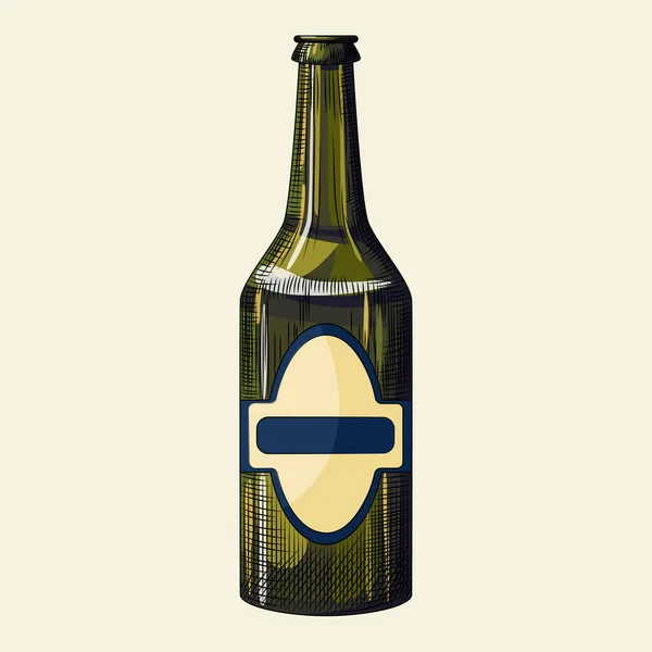 Handgetekende Groene Fles Bier Geïsoleerd Lichte Ondergrond Vintage Gegraveerde Stijl — Stockvector