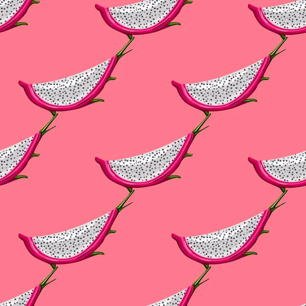 Pembe arka planda dilimlenmiş kırmızı ejderha meyvesi ile geometrik, pürüzsüz desen. Egzotik tropik pitayalar duvar kağıdı. Ambalaj kağıdı, tekstil baskısı, kumaş için tasarlanmış. Vektör illüstrasyonu