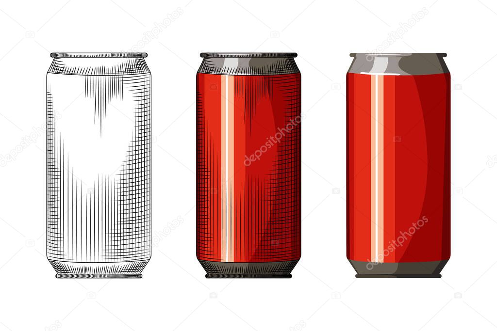 Beverage red can isolated on white background. Hand drawn beer can template. Vintage engraved style vector illustration. Design for pub menu, cards, posters, prints, packaging.