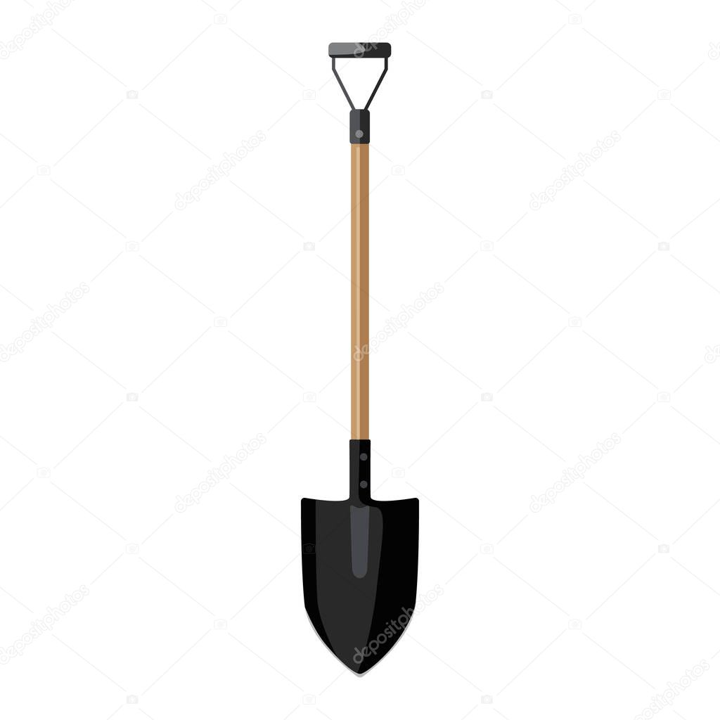Shovel with wooden handle in flat style isolated on white background. Garden equipment tool. Vector illustration