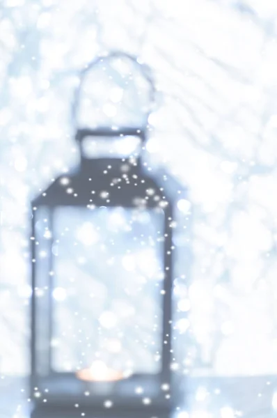 Linterna Decorativa Desenfocada Con Vela Invierno Copos Nieve Navidad — Foto de Stock