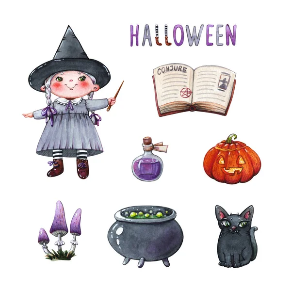 Hand Drawn Watercolor Clipart Halloween Set Little Witch Girl Magic — Stock Photo, Image