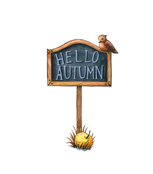 Hand Drawn Watercolor Clipart Chalkboard Tag Hello Autumn Greeting Finch — Stock Photo, Image