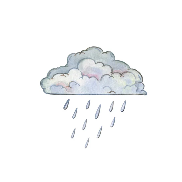 用手工绘制的灰色云彩水彩画 雨滴与白色隔离 气象学和恶劣天气概念 — 图库照片