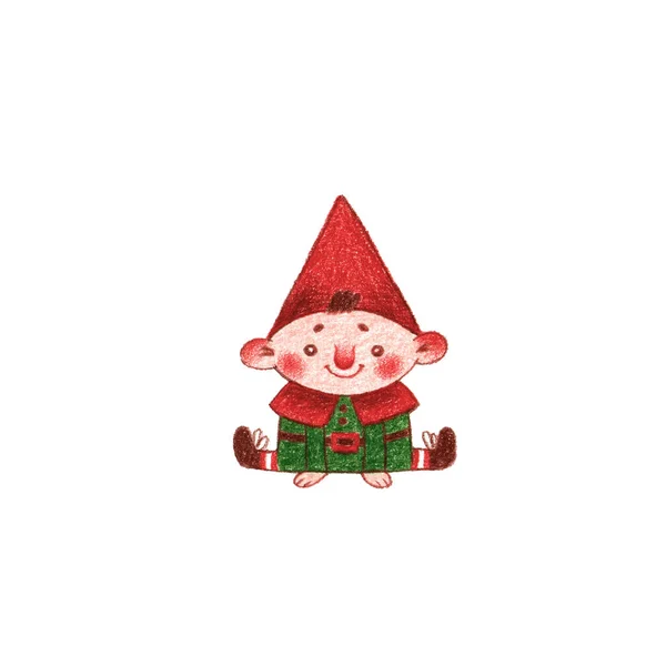 手绘彩色铅笔插图卡通画可爱的小矮人或桑塔助手身穿红色绿色服装 坐在地板上 与白色隔离 圣诞节 庆祝活动和寒假 — 图库照片