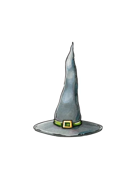 白色孤立的灰色女巫的帽子的手绘插图 Hallobetween Witchcraft Cartoon概念 — 图库照片